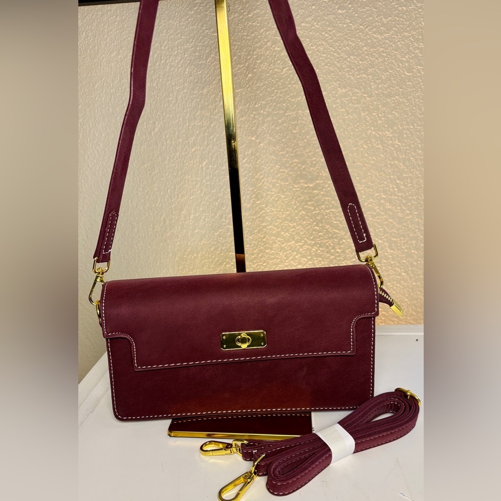 New Burgundy Suede Leather Crossbody/Shoulder Bag w/ Detachable Strap - Picture 7 of 7